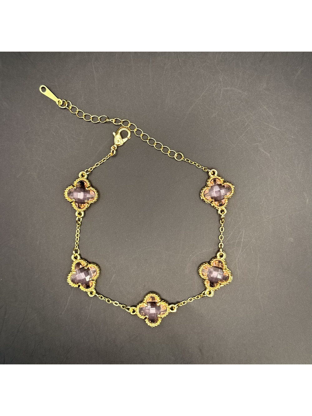 candy+clover large pink faceted crystal clover gold tone station bracelet